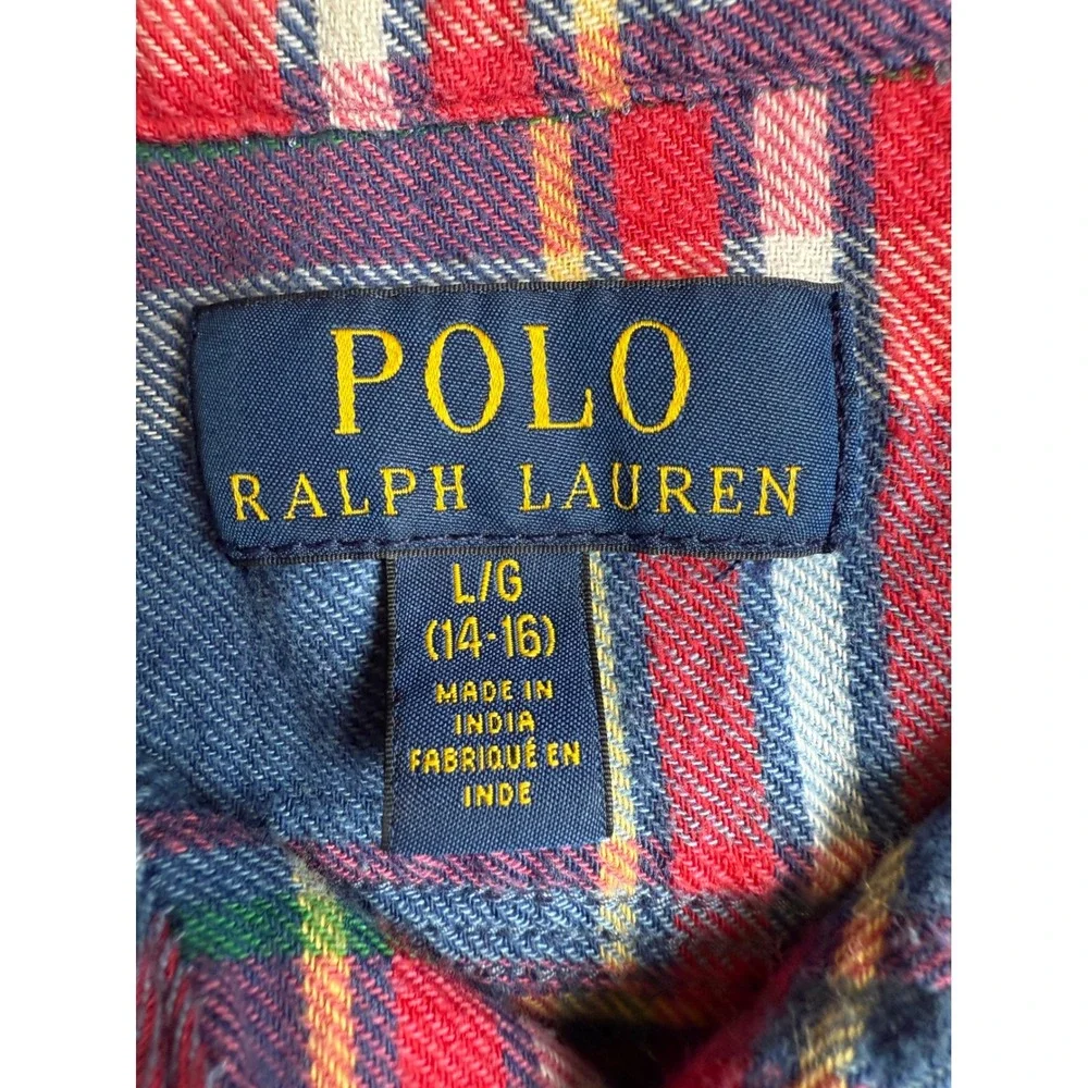 Polo Ralph Lauren Boys Flannel Shirt Plaid Button Down Blue Red Large 14-16